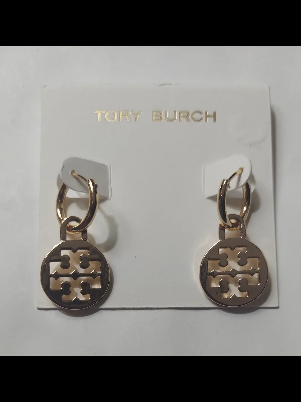 Tory Burch Gold Logo Drop Hoop Earrings
